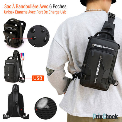 Sac À Bandoulière Avec 6 Poches Unisex Étanche Avec Port De Charge Usb Pour Camping, Travail, Et Randonnée.