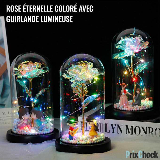 Rose Éternelle Coloré Avec Guirlande Lumineuse Féerique En Dôme De Verre Pour Décoration